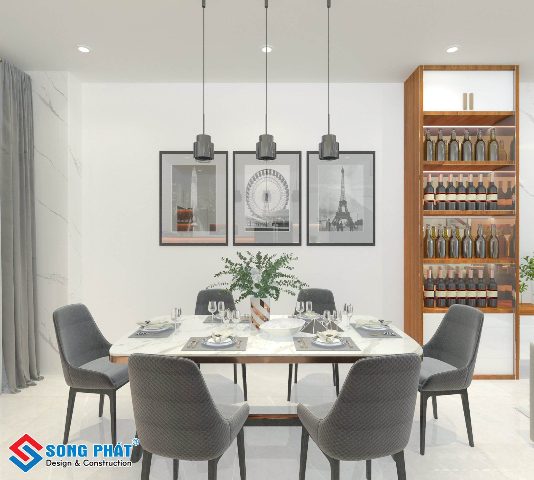 Bàn ăn nhà 3 tầng 6x18m.